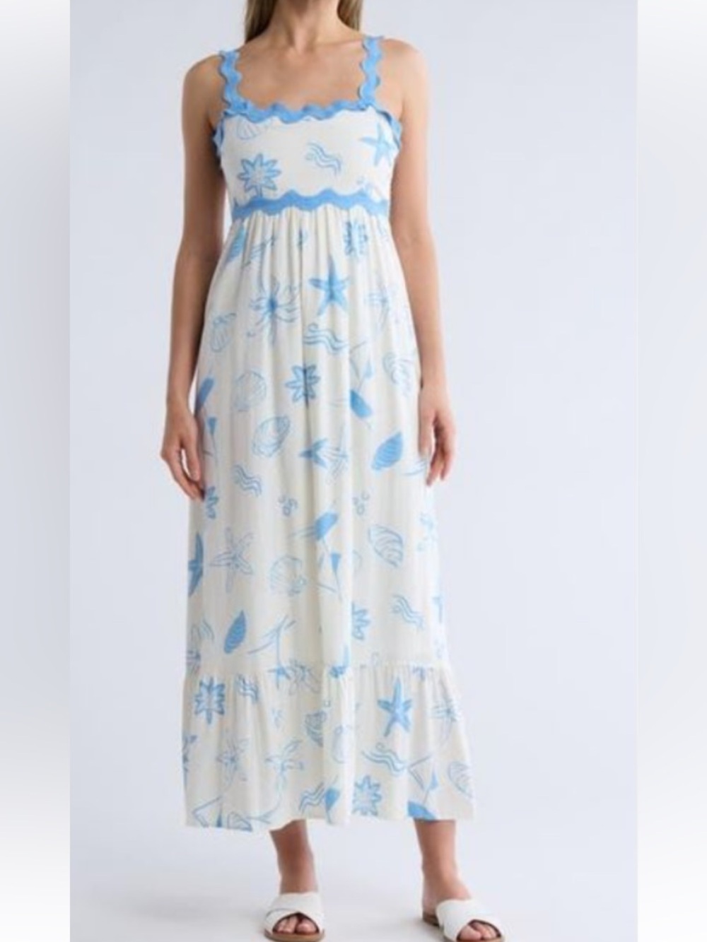 Women’s Summer Resort Sleeveless Maxi Sea  Print Empire Blue White New large